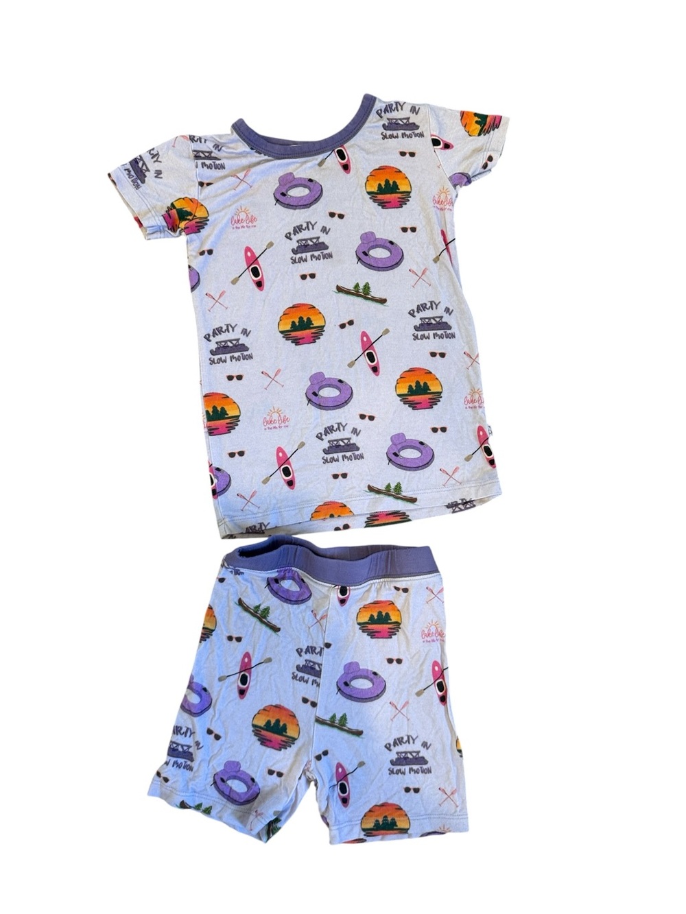 Monkeeroos Kids Short Sleeve Pajama Set with Purple Trim - Outdoor Float Pattern